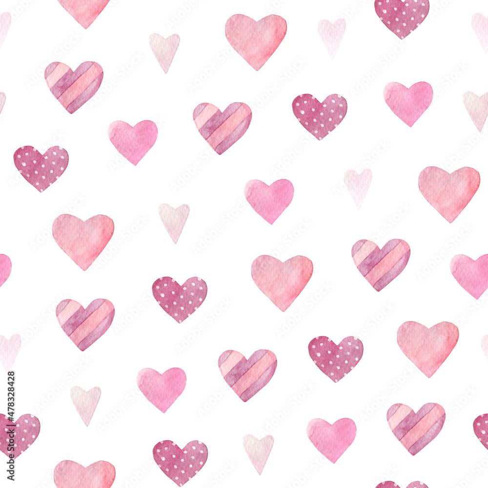 Watercolor seamless pattern with pink hearts. Isolated on white background. Hand drawn clipart. Perfect for card, textile, tags, invitation, printing, wrapping. 