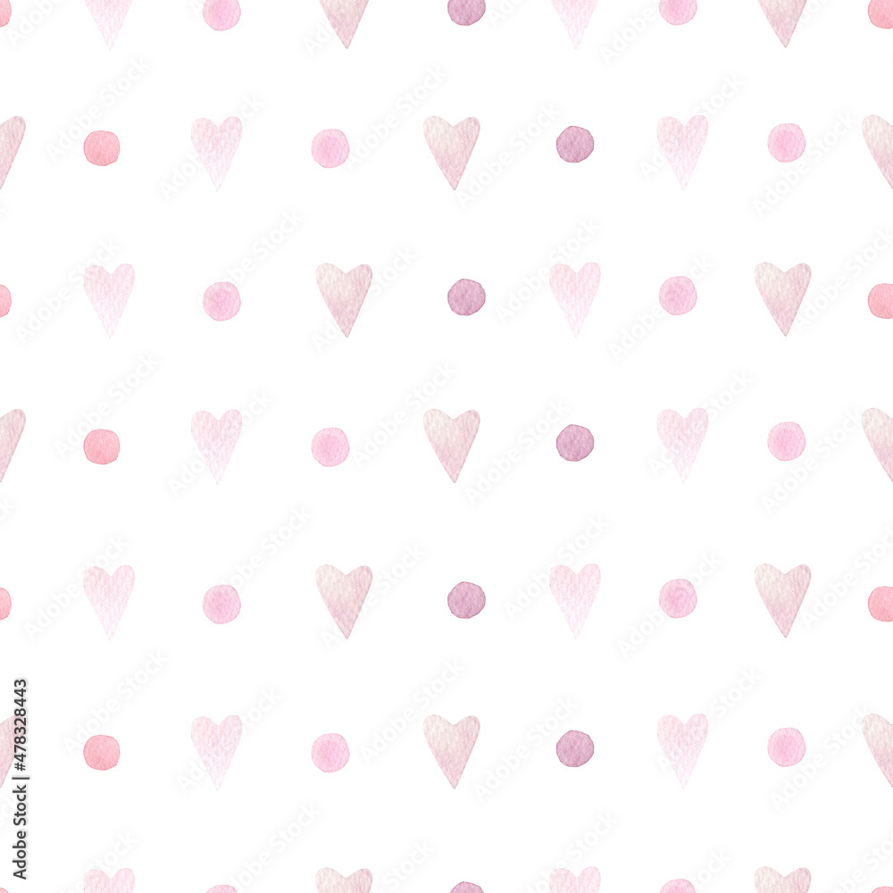 Watercolor seamless pattern with polka dot and bright pink hearts. Isolated on white background. Hand drawn clipart. Perfect for card, fabric, tags, invitation, printing, wrapping. Watercolor seamless pattern with polka dot and bright pink hearts. Isolated on white background. Hand drawn clipart. Perfect for card, fabric, tags, invitation, printing, wrapping.