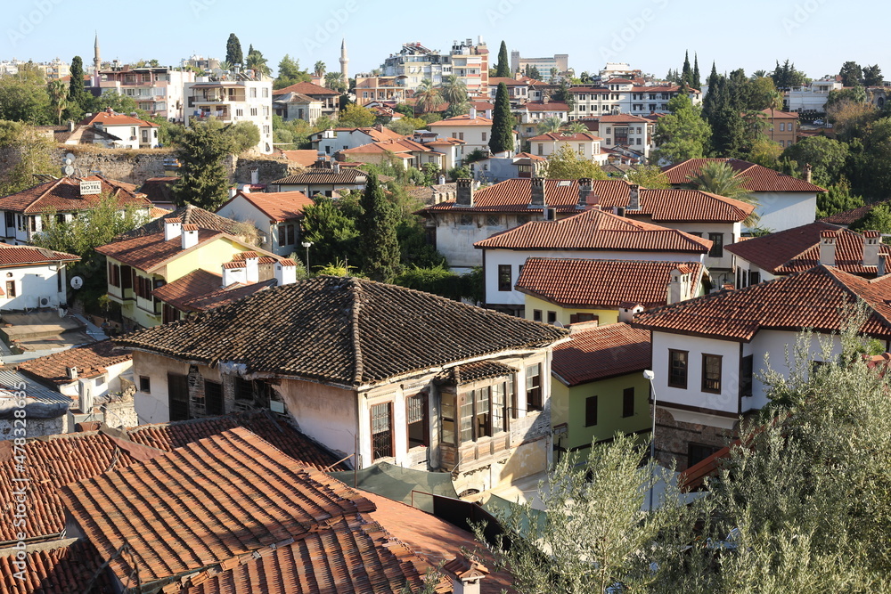 Antalya, Turkey - 20 July 2021: Top view of red roofs old city center.