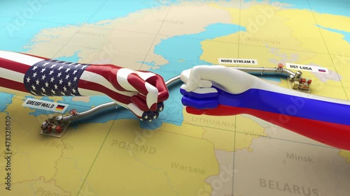 3D Render of Nord Stream 2 gas pipeline building between Russia and Germany on map. Gas economic war between the US and Russia shown as two fists with the texture of the American and Russian flag photo