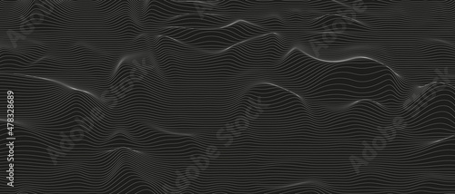 Abstract background with distorted line shapes on a black background. Monochrome sound line waves.