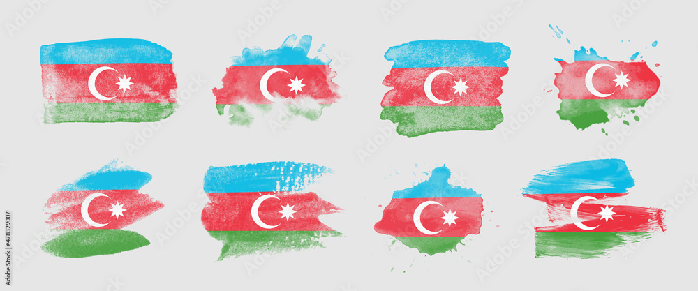 Painted flag of Azerbaijan in various brushstroke styles.