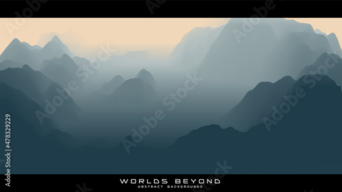 Abstract gray landscape with misty fog till horizon over mountain slopes. Gradient eroded terrain surface. Worlds beyond.