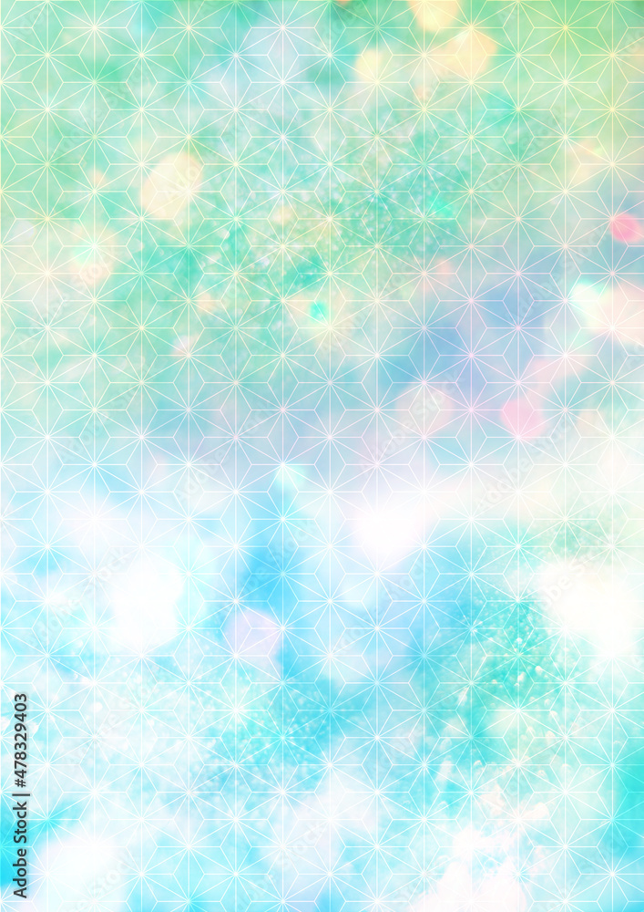 和柄 淡い水色から新緑色へ麻の葉模様 玉ボケと泡 gradation Pale blue Pale green 和柄 淡い水色から新緑色へ麻の葉模様 玉ボケと泡 gradation Pale blue Pale green