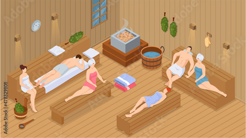 Sauna and steam room. Set of people in sauna. People relax and steam with birch brooms in traditional russian stove for female and male. Finnish bathhouse. Public sauna, Friends in spa resort