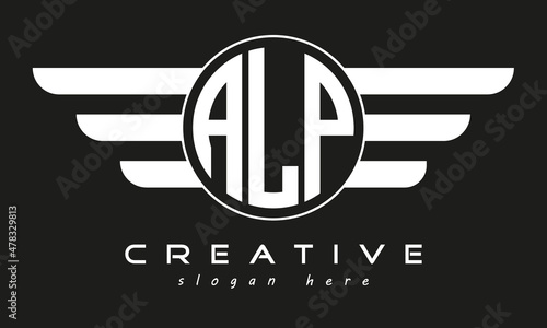 ALP three letter monogram type circle letter logo with wings vector template.