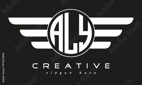 ALY three letter monogram type circle letter logo with wings vector template. photo