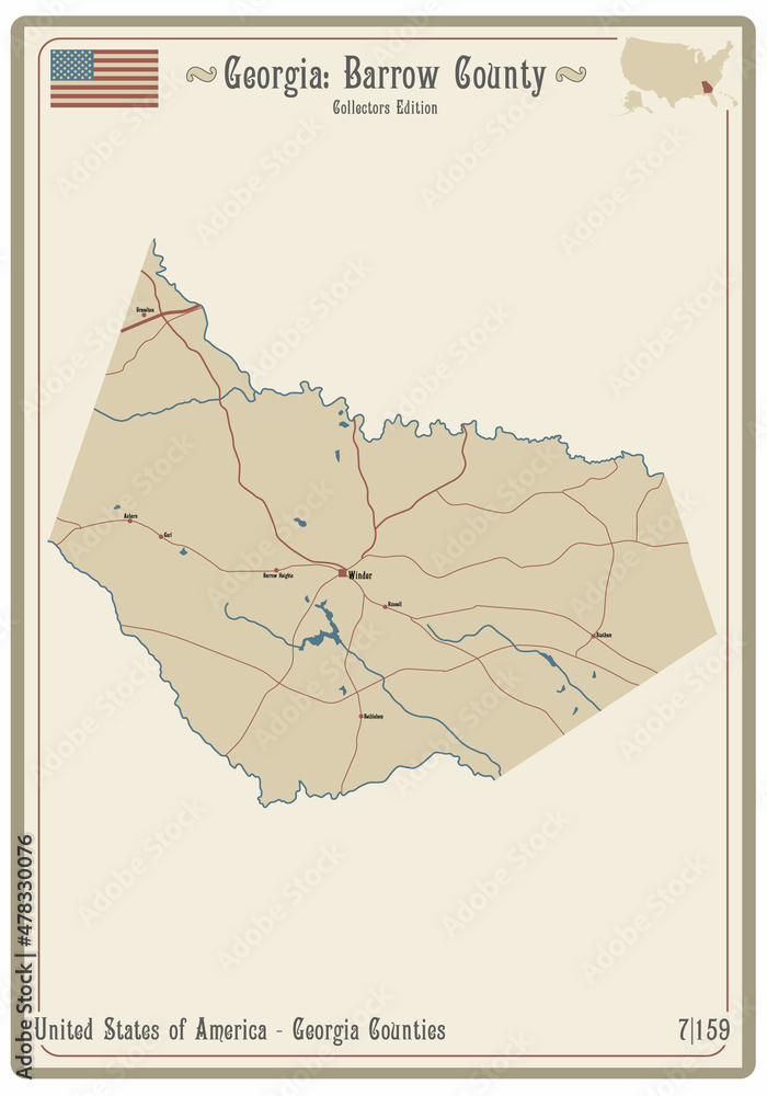 Map on an old playing card of Barrow county in USA. Stock
