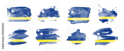 Painted flag of Curaçao in various brushstroke styles.