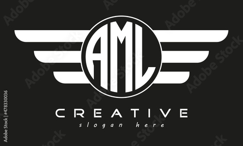 AML three letter monogram type circle letter logo with wings vector template.