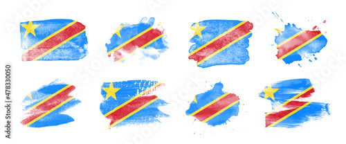 Painted flag of the Democratic Republic of Congo in various brushstroke styles.