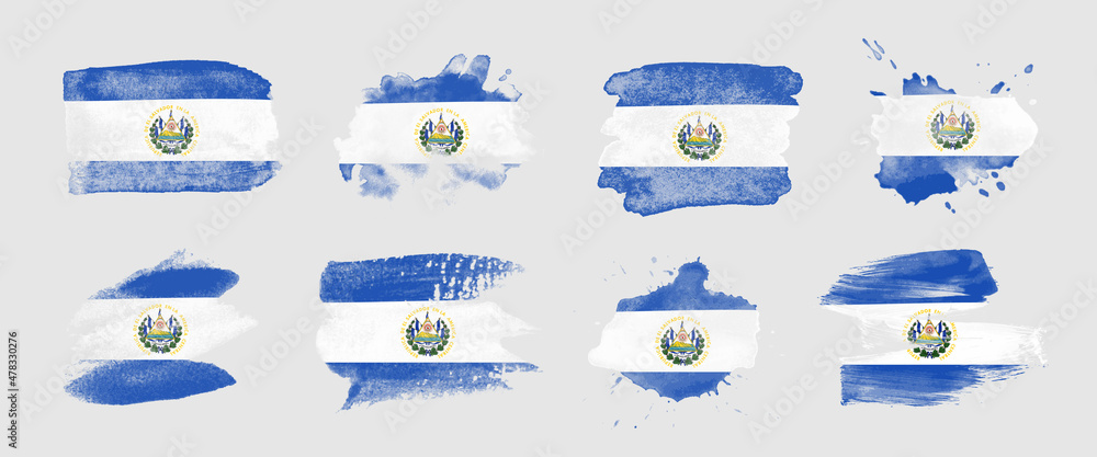 Painted flag of El Salvador in various brushstroke styles. - obrazy, fototapety, plakaty 