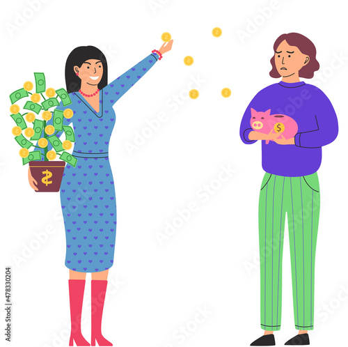 Gap between rich and poor. Rich happy woman scatter money, poor girl puts coins in piggy bank. Financial success concept with cartoon economical person and wealthy lady. Financial superiority