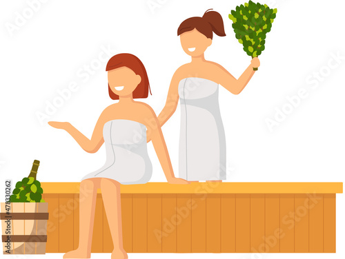 People steaming in sauna concept. Women with birch broom sitting on wooden bench in bath. Heat therapy, relaxation and rest. Girls relax and steam in traditional russian banya or finnish sauna
