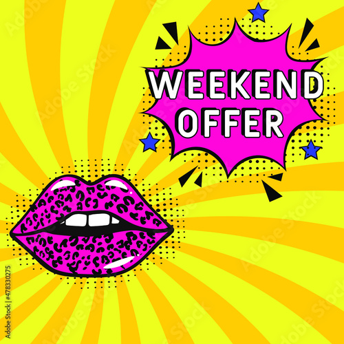 Comic book explosion with text Weekend Offer, vector illustration. Weekend Offer in comic pop art style. Comic advertising concept with Weekend Offer wording. Modern Web Banner Element