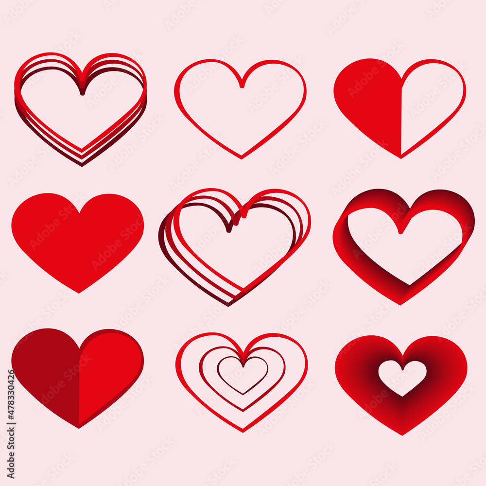Set of nine vector red hearts. Valentines day design element