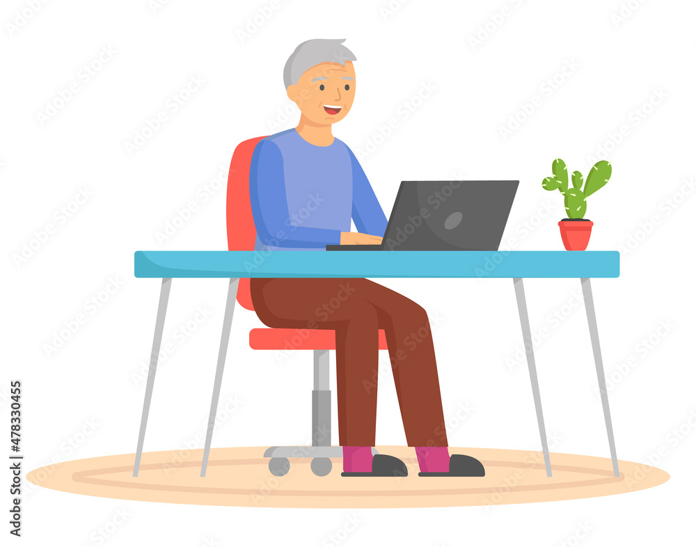 Old man looking for information and surfing internet. Person tries to use computer. Character sits and spends time on social media. Elder learns new technologies, work and communicate through gadget