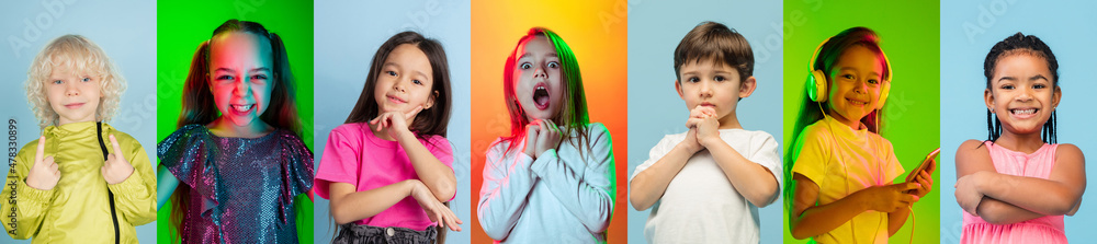 Set of portraits of emotional little cute kids, boys and girls isolated ...