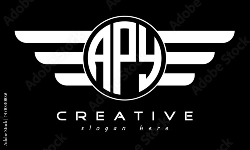 APY three letter monogram type circle letter logo with wings vector template. photo