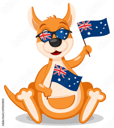A kangaroo with glasses is holding the australian flag. Character, Australia Day