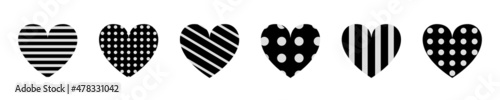 Black heart icon set. Happy Valentines day. Love sign symbol simple template. Cute polka dot, line pattern. Decoration element. Greeting card. Square composition. Flat design. White background.