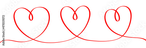 Three heart set. One line hand draw doodle. Continuous line art. Red hearts. Happy Valentines Day. Decoration element. Love romantic sign symbol White background. Isolated.