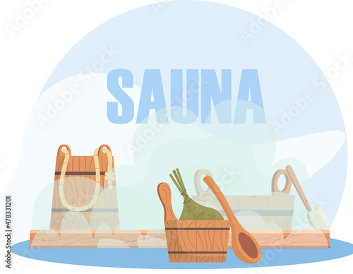 Sauna or SPA center banner template with bathhouse tools bucket, bath broom, wooden bench. Cartoon vector for advertising. Accessories for relaxation in steam banya or hot sauna, wellness procedure