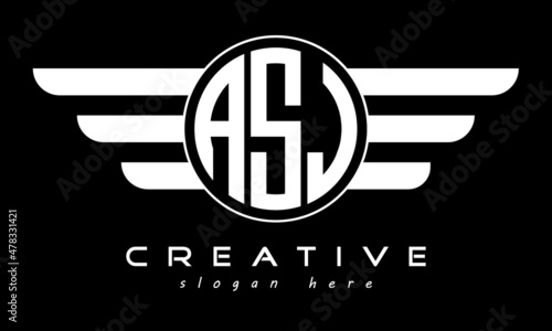 ASJ three letter monogram type circle letter logo with wings vector template. photo