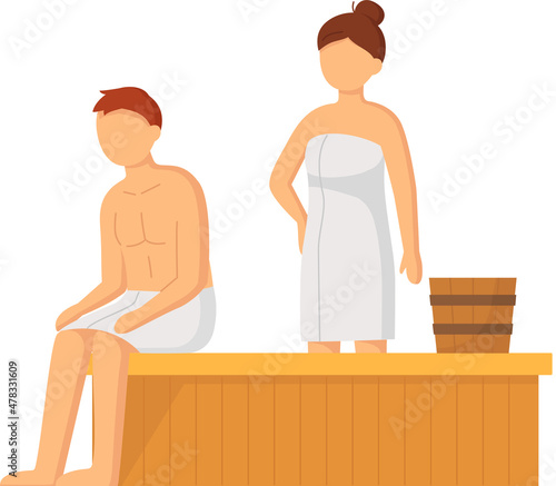 Cartoon people characters taking steam bath together. Flat vector illustration. Woman and man enjoying baths and steam, hammam with sauna whisk. Relax, health, bathhouse concept, wellness procedure