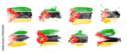 Painted flag of Mozambique in various brushstroke styles.