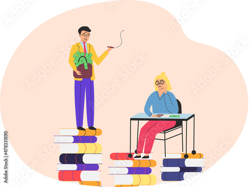 Richness and poverty. Rich happy man holding briefcase with money, poor woman counts savings on calculator. Financial success concept with cartoon thrifty person and wealthy guy. Financial superiority