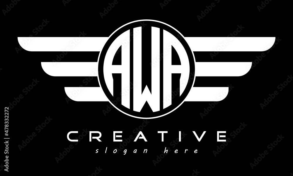 AWA three letter monogram type circle letter logo with wings vector template. - obrazy, fototapety, plakaty 