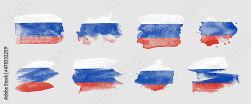 Painted flag of Russia in various brushstroke styles.
