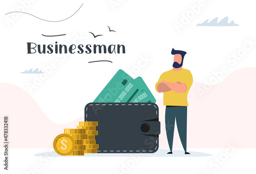 Businessman with money, wallet and dollar coins. Business concept. Vector