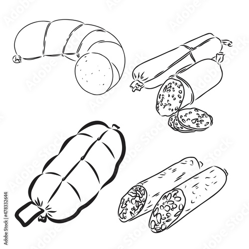 Meat products sketch vector icons. Isolated symbols of sausages, meat delicatessen of ham or bacon and barbecue brisket, butcher gourmet gastronomy of salami and steak for farmers market