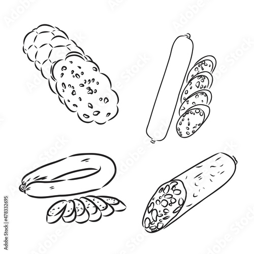 Meat products sketch vector icons. Isolated symbols of sausages, meat delicatessen of ham or bacon and barbecue brisket, butcher gourmet gastronomy of salami and steak for farmers market