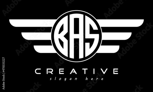 BAS three letter monogram type circle letter logo with wings vector template.