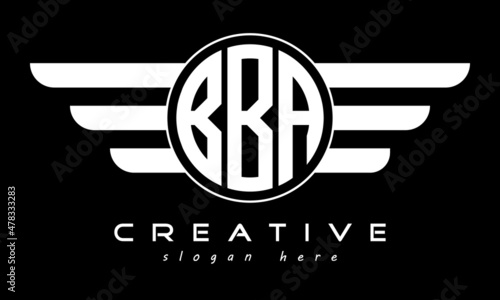 BBA three letter monogram type circle letter logo with wings vector template.