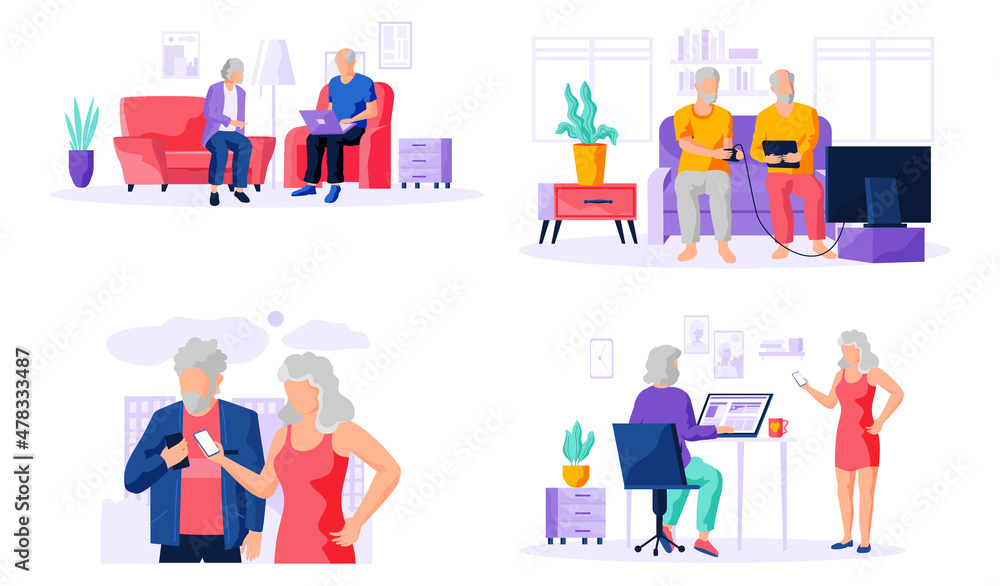 Old people try to use phone, game console, computer, tablet and laptop. Elders spend time on social media. Characters learn new technologies on internet. Women and men communicate through gadget Old people try to use phone, game console, computer, tablet and laptop. Elders spend time on social media. Characters learn new technologies on internet. Women and men communicate through gadget