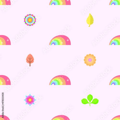 Abstract Doodle Seamless Pattern Rainbow With Flowers, Leaves, Leaf Nature Fabric Background Decoration Vector Design Style For Prints Textiles, Clothing, Gift Wrap, Wallpaper, Pastel