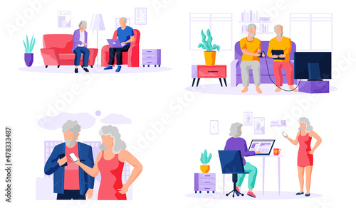 Old people try to use phone, game console, computer, tablet and laptop. Elders spend time on social media. Characters learn new technologies on internet. Women and men communicate through gadget