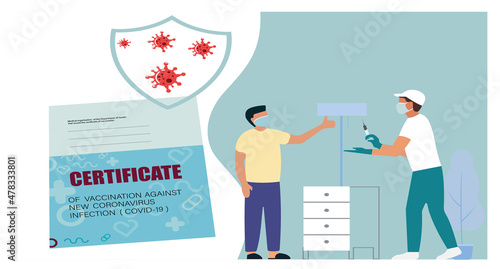 Time of vaccination against covid-19. Virus protection. Checking for antibodies and test result. Isolated concept on white background. Vector illustration