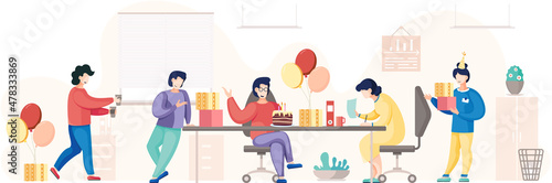Business celebration concept. Team celebrates company anniversary. Birthday party in office. Workers organize holiday, congratulate colleague. Entertainment at workplace team giving gifts and cake