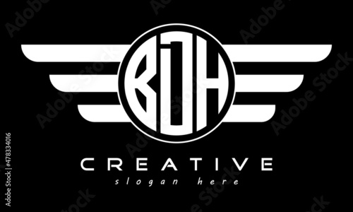 BDH three letter monogram type circle letter logo with wings vector template. photo