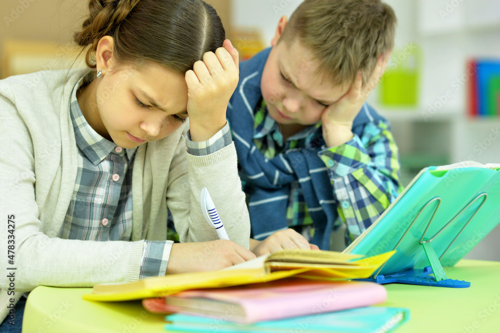 Portrait of brother and sister doing homework together Portrait of brother and sister doing homework together