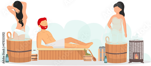 Sauna and steam room. Set of people in sauna. People relax and steam with birch brooms in traditional russian stove for female and male. Finnish bathhouse. Public sauna, Friends in spa resort