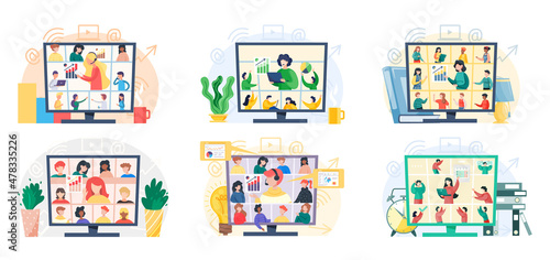 Video conferencing on large computer screen, teamwork, many people converse remotely. Person communicates with colleagues via video. Online meeting, business meetup, digital classroom scenes set