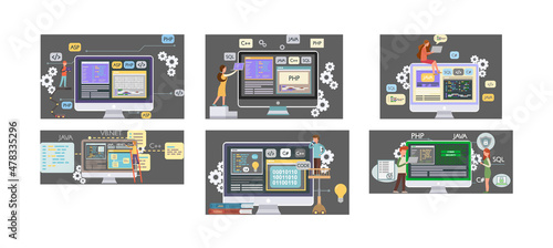 Programmer engineering and coding. Programmer working on code for web app development on computer. Concept of script coding and programming in php, javascript, python languages. Software developers