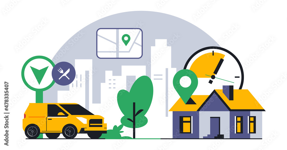 Online food delivery service to your home. Fast food delivery by courier car. Timer, stopwatch, time, address, map, street, route, gps, location, city, sign, icon. Vector illustration
