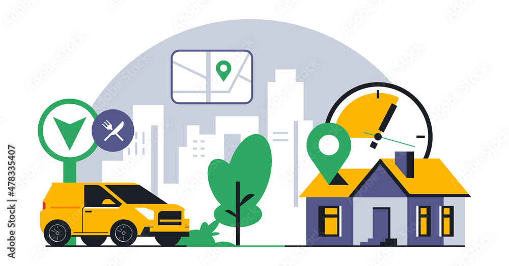 Online food delivery service to your home. Fast food delivery by courier car. Timer, stopwatch, time, address, map, street, route, gps, location, city, sign, icon. Vector illustration Online food delivery service to your home. Fast food delivery by courier car. Timer, stopwatch, time, address, map, street, route, gps, location, city, sign, icon. Vector illustration